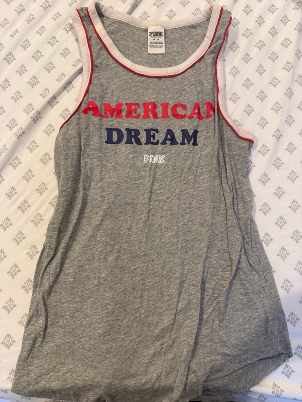 PINK Victoria's Secret Gray Tank Top with Red & Navy Trim